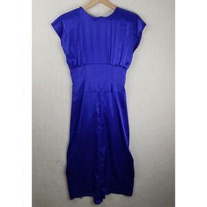 Ansley vibrant purple Satin Ruched Midi Dress V Neck Cap Sleeve Elegant Vntg 80s